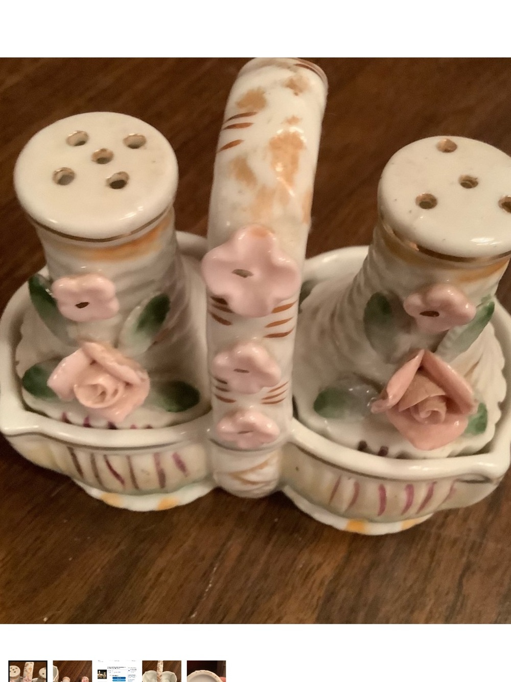 Antique 1950s Sphinx porcelain S&P shakers in basket